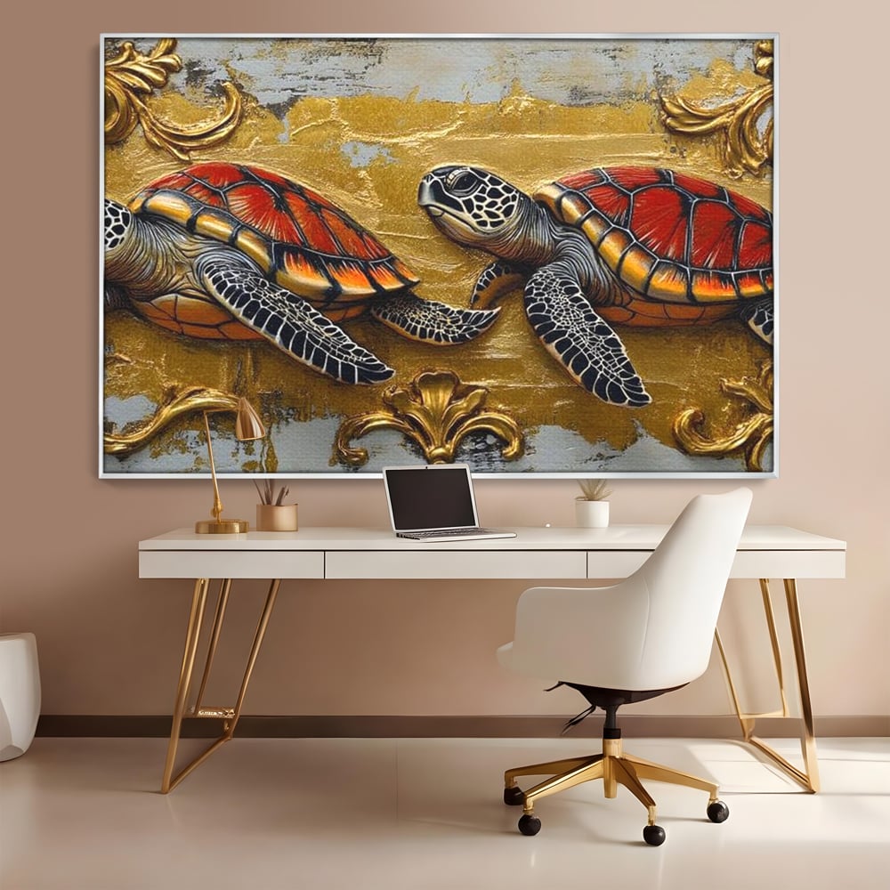 Tablou canvas cu tablou canvas cu doua testoase, in rama de aluminiu argintiu, pe perete intr-un birou